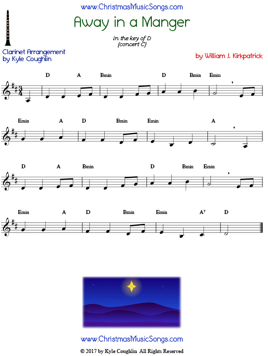 Away in a Manger clarinet sheet music by William J. Kirkpatrick, arranged to play along with other wind, brass, and string instruments.