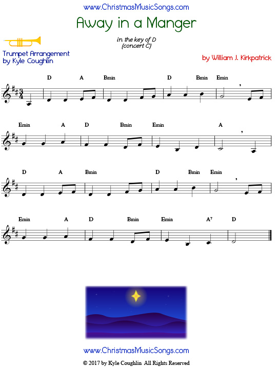 Away in a Manger trumpet sheet music by William J. Kirkpatrick, arranged to play along with other wind, brass, and string instruments.