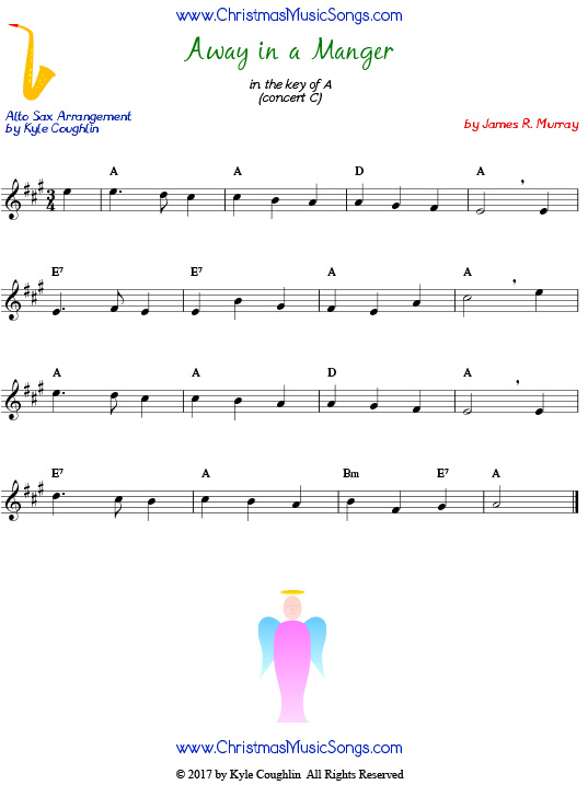 Away in a Manger alto saxophone sheet music by James R. Murray, arranged to play along with other wind, brass, and string instruments.
