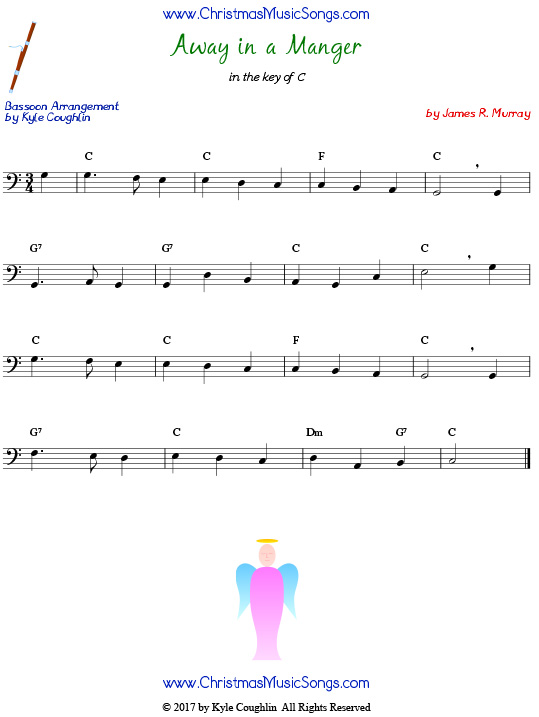 Away in a Manger bassoon sheet music by James R. Murray, arranged to play along with other wind, brass, and string instruments.