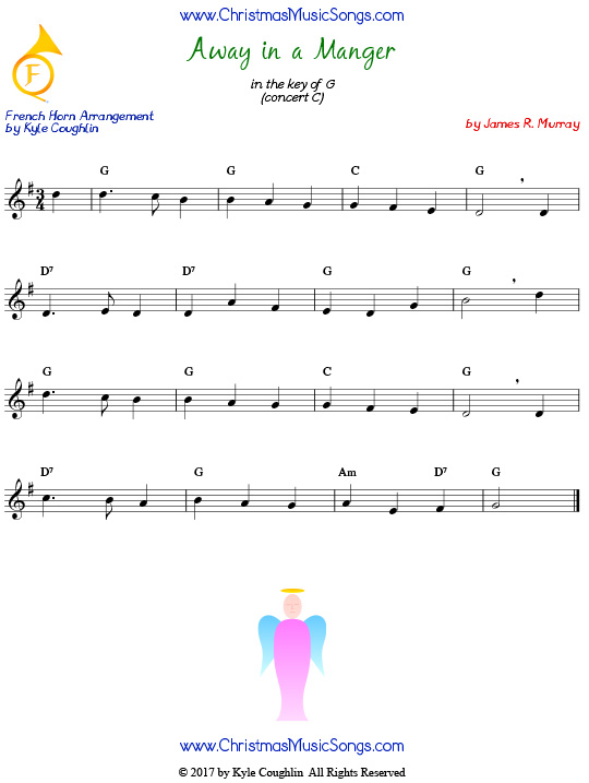 Away in a Manger French horn sheet music by James R. Murray, arranged to play along with other wind, brass, and string instruments.