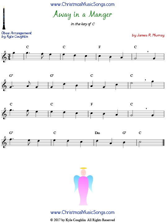 Away in a Manger oboe sheet music by James R. Murray, arranged to play along with other wind, brass, and string instruments.