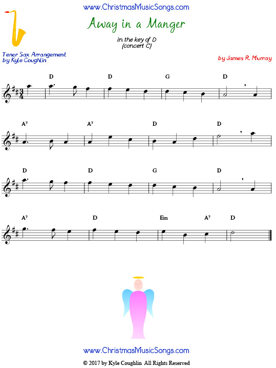 Away in a Manger tenor saxophone sheet music by James R. Murray, arranged to play along with other wind, brass, and string instruments.