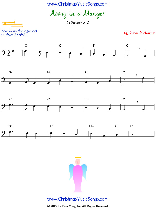Away in a Manger trombone sheet music by James R. Murray, arranged to play along with other wind, brass, and string instruments.