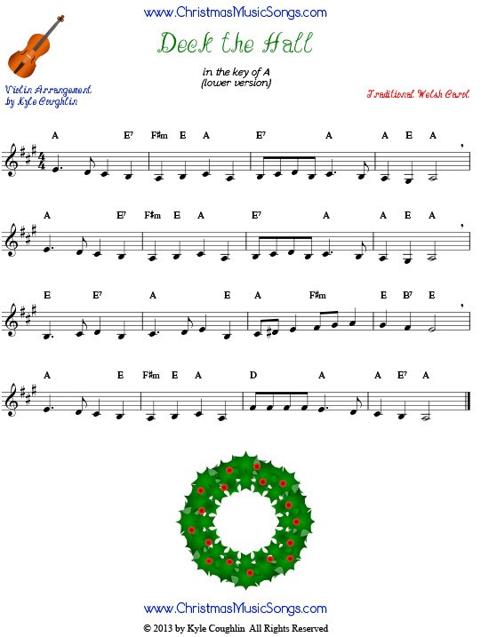 Deck the Halls sheet music for violin - lower version.