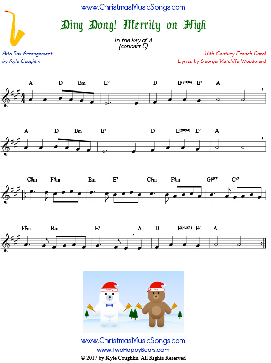 Ding Dong! Merrily on High alto saxophone sheet music, arranged to play along with other wind, brass, and string instruments.