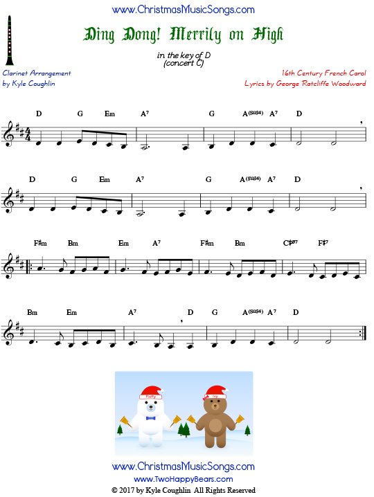 Ding Dong! Merrily on High clarinet sheet music, arranged to play along with other wind, brass, and string instruments.