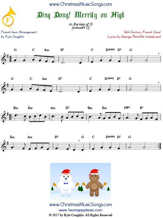 Ding Dong! Merrily on High French horn sheet music, arranged to play along with other wind, brass, and string instruments.