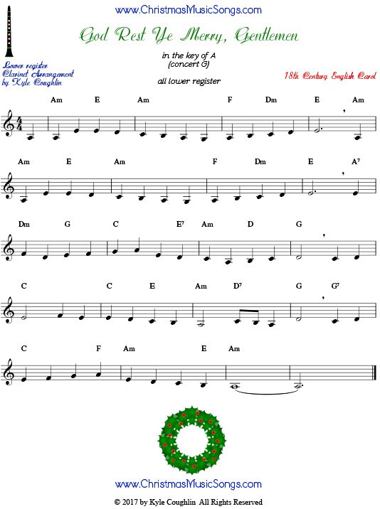 Low register arrangement of God Rest Ye Merry, Gentlemen for clarinet.