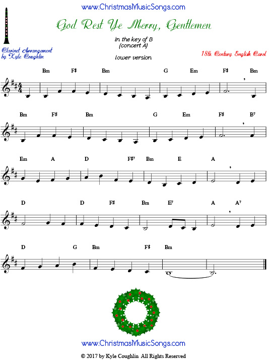 Lower version of God Rest Ye Merry, Gentlemen clarinet sheet music, arranged to play along with other wind, brass, and strings.