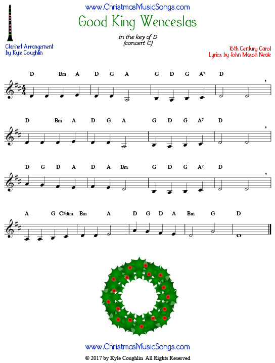 Good King Wenceslas clarinet sheet music, arranged to play along with other wind, brass, and string instruments.