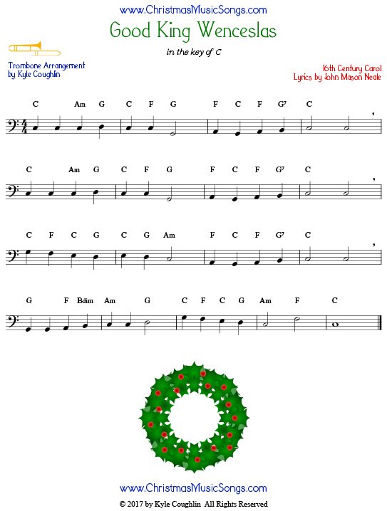 Good King Wenceslas trombone sheet music, arranged to play along with other wind, brass, and string instruments.