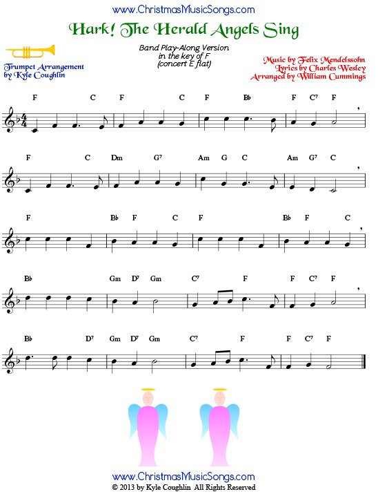 The Christmas carol Hark! The Herald Angels Sing, arranged for trumpet to play along with other wind and brass instruments.