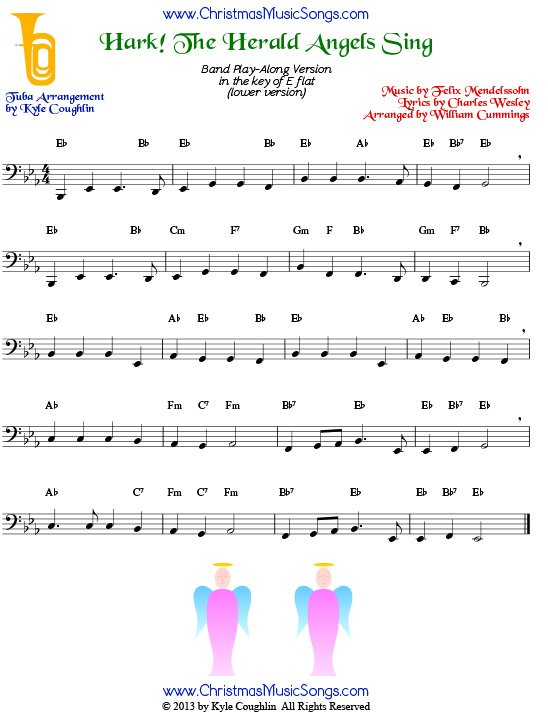 The Christmas carol Hark! The Herald Angels Sing, arranged for tuba to play along with other wind and brass instruments.