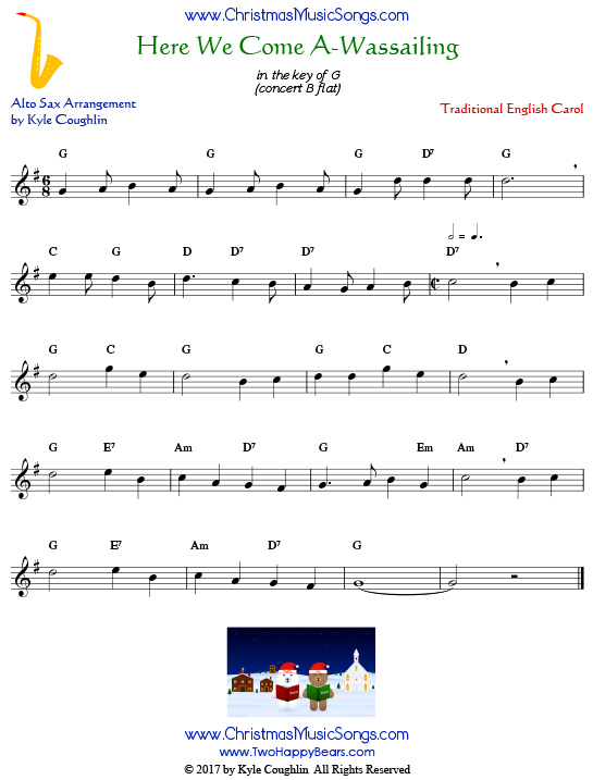 Here We Come A-Wassailing alto saxophone sheet music, arranged to play along with other wind and brass instruments.