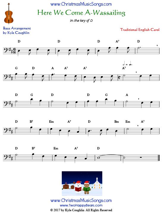 Here We Come A-Wassailing for bass, arranged to play along with strings, woodwinds, and brass.