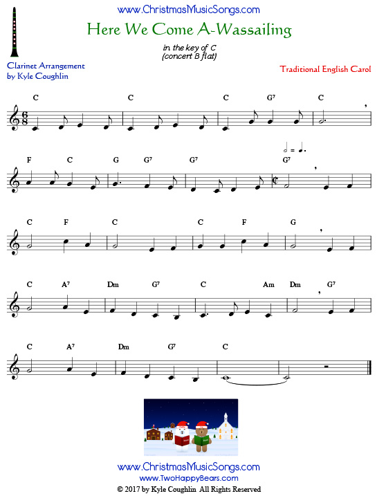 Here We Come A-Wassailing clarinet sheet music, arranged to play along with other wind and brass instruments.