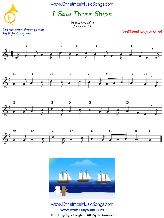 I Saw Three Ships French horn sheet music, arranged to play along with other wind, brass, and string instruments.
