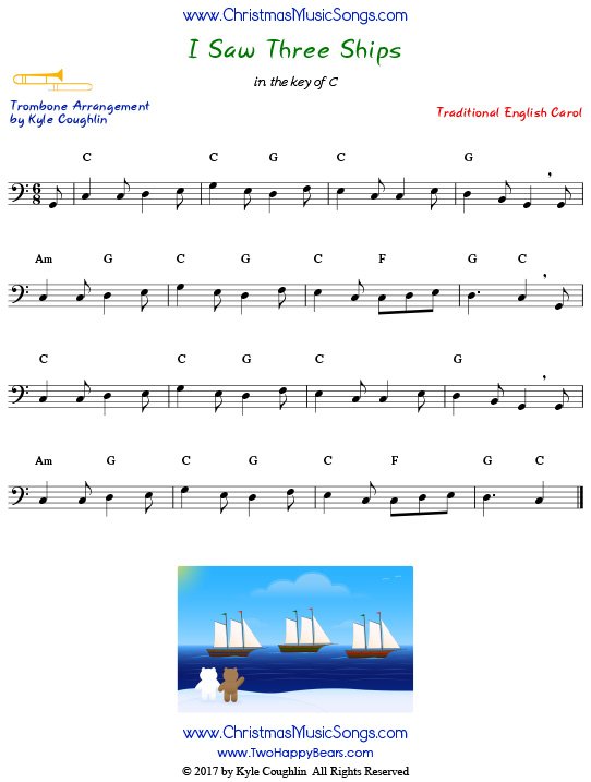 I Saw Three Ships trombone sheet music, arranged to play along with other wind, brass, and string instruments.