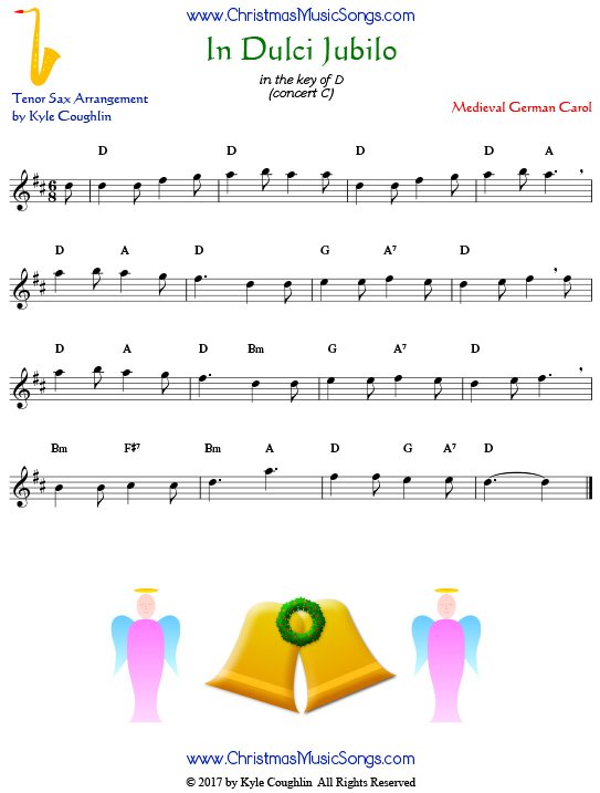 In Dulci Jubilo tenor saxophone sheet music, arranged to play along with other wind, brass, and string instruments.