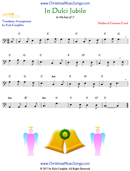 In Dulci Jubilo trombone sheet music, arranged to play along with other wind, brass, and string instruments.