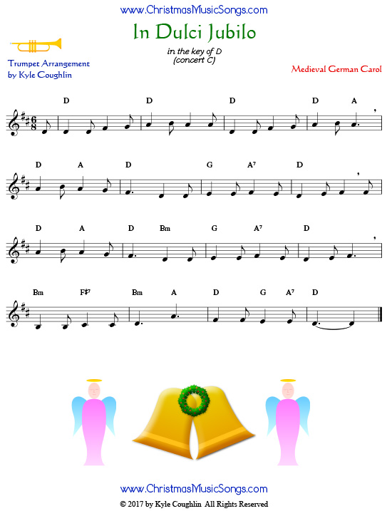 In Dulci Jubilo trumpet sheet music, arranged to play along with other wind, brass, and string instruments.