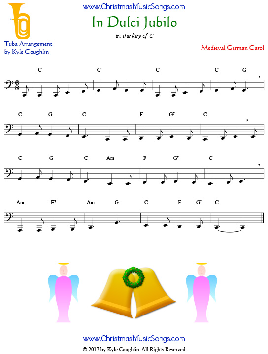 In Dulci Jubilo tuba sheet music, arranged to play along with other wind, brass, and string instruments.