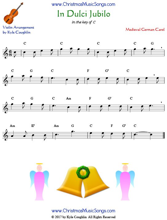 In Dulci Jubilo for violin, arranged to play along with strings, woodwinds, and brass.