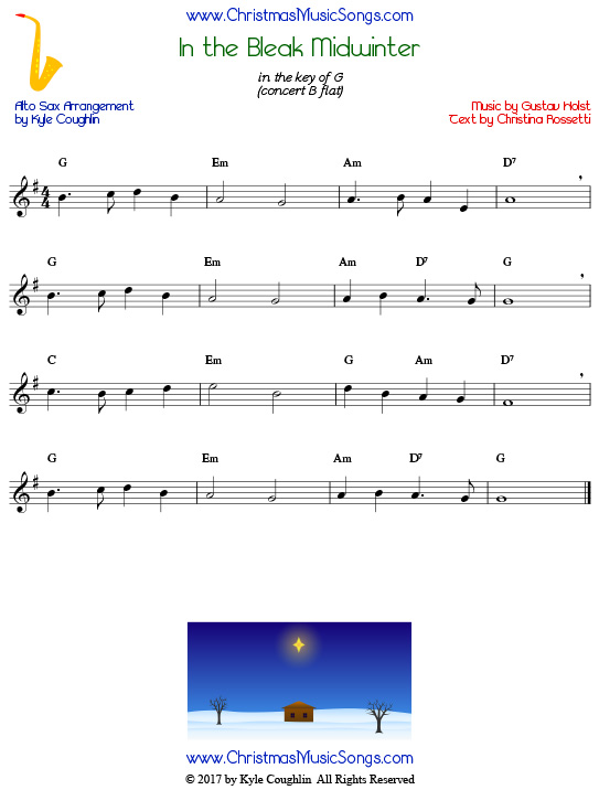 In the Bleak Midwinter alto saxophone sheet music, arranged to play along with other wind and brass instruments.