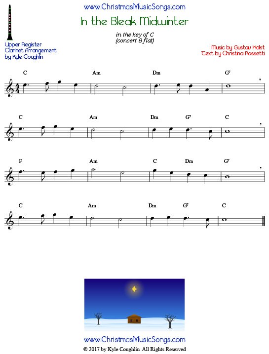 In the Bleak Midwinter clarinet sheet music in the upper register, arranged to play along with other wind and brass instruments.