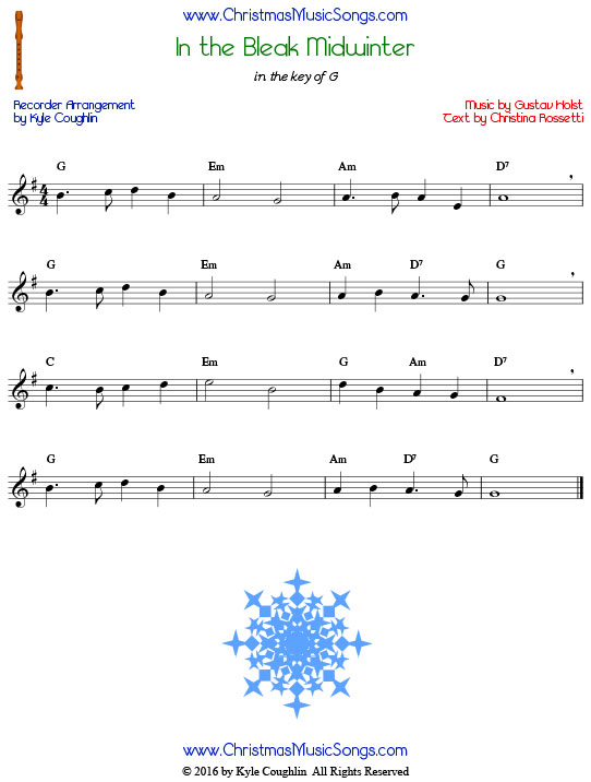 The Christmas carol In the Bleak Midwinter for recorder in the key of G.