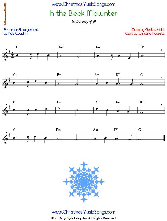 The Christmas carol In the Bleak Midwinter for recorder in the key of G.