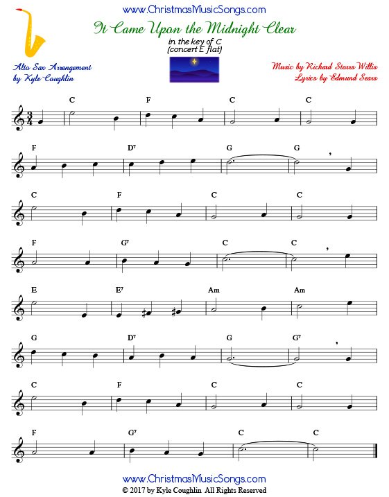 It Came Upon a Midnight Clear alto saxophone sheet music, arranged to play along with other wind and brass instruments.