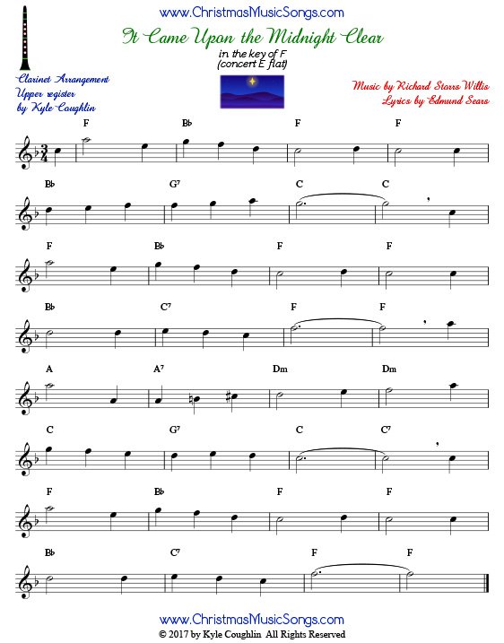 It Came Upon a Midnight Clear clarinet sheet music in the upper register, arranged to play along with other wind and brass instruments.