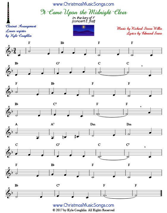 It Came Upon a Midnight Clear clarinet sheet music in the lower register, arranged to play along with other wind and brass instruments.