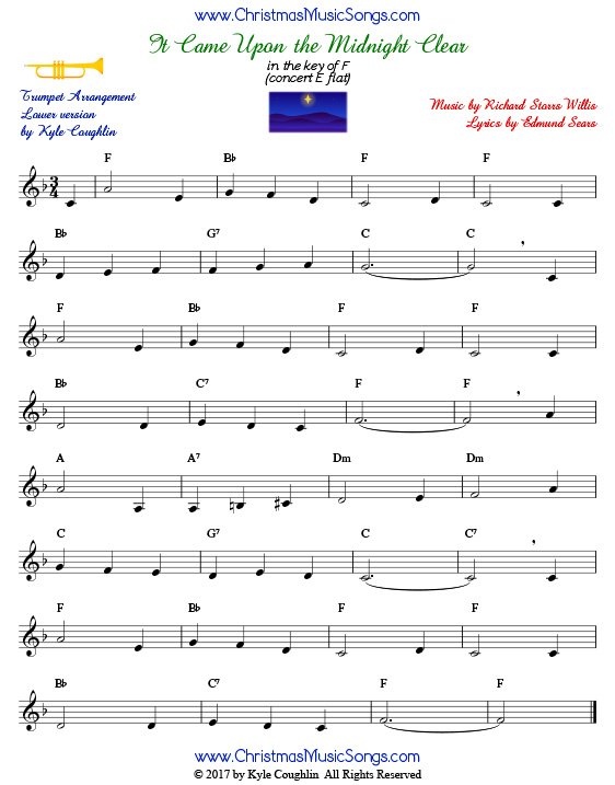 It Came Upon a Midnight Clear trumpet sheet music in a lower range, arranged to play along with other wind and brass instruments.