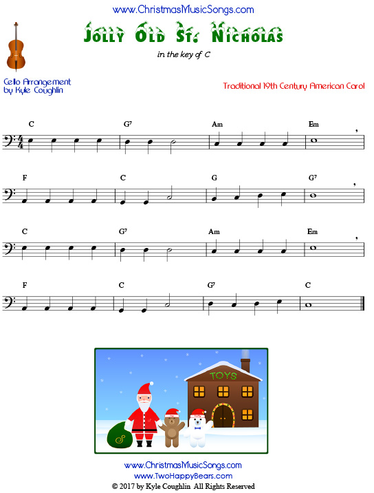 Jolly Old St. Nicholas for cello, arranged to play along with strings, woodwinds, and brass.
