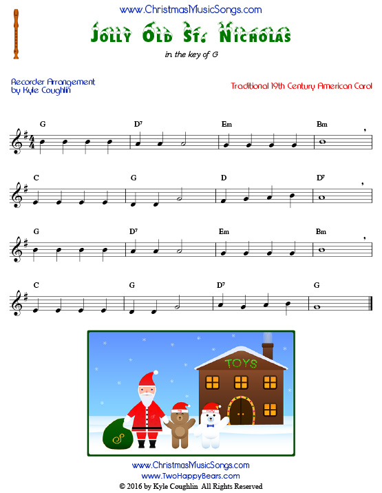 The Christmas carol Jolly Old St. Nicholas for recorder in the key of G.
