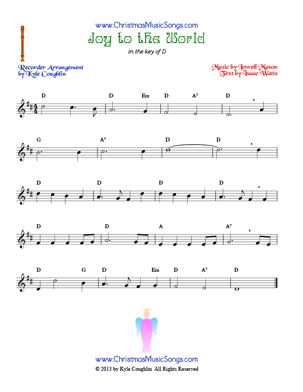 The Christmas carol Joy to the World, arranged for recorder in the key of D.