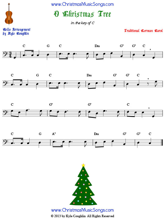 O Christmas Tree for cello, arranged to play along with strings, woodwinds, and brass.