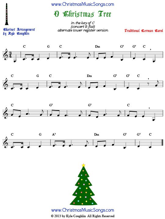 O Christmas Tree sheet music, arranged for clarinet in the lower register.