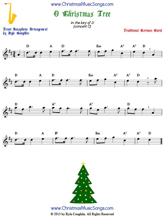 O Christmas Tree tenor saxophone sheet music, arranged to play along with other wind, brass, and string instruments.