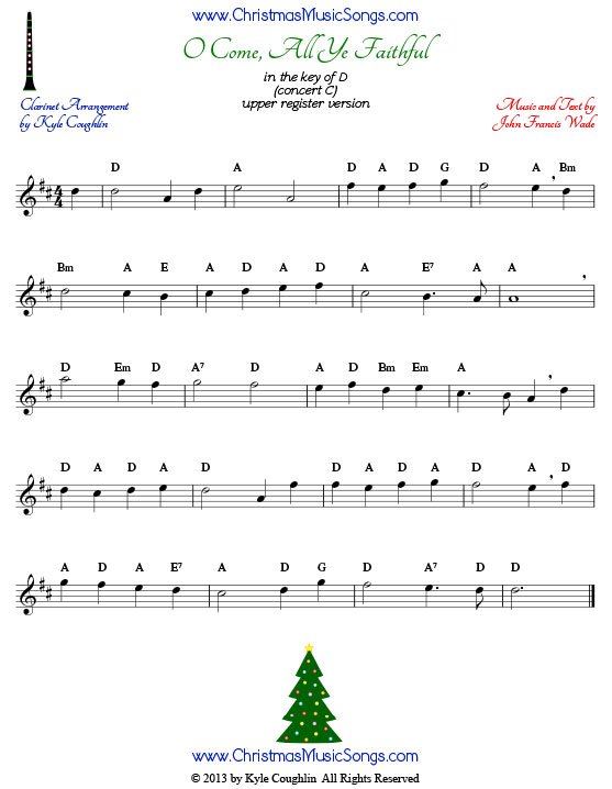 O Come, All Ye Faithful clarinet sheet music in the upper register, arranged to play along with other wind, brass, and string instruments.