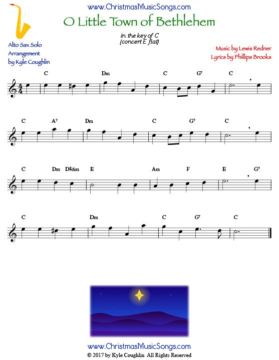 O Little Town of Bethlehem alto saxophone sheet music solo.