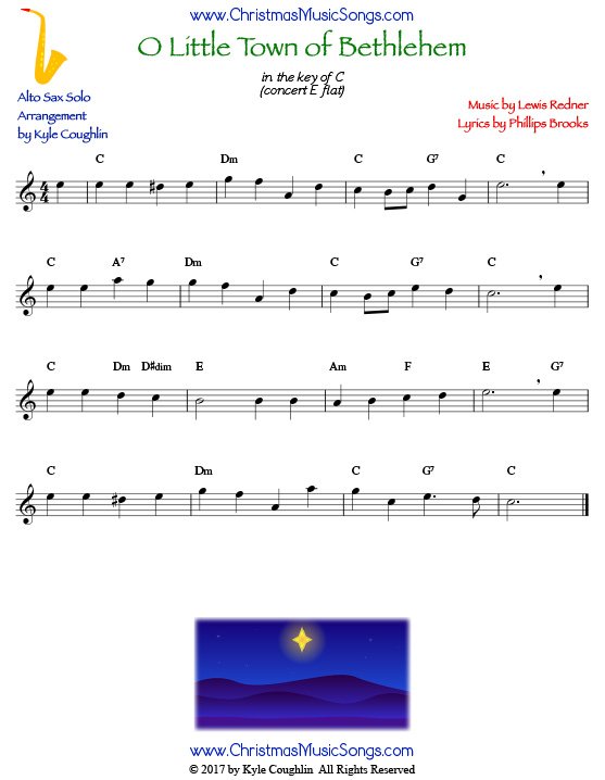 O Little Town of Bethlehem alto saxophone sheet music solo.