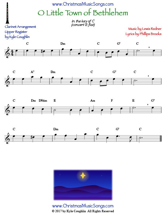 O Little Town of Bethlehem clarinet sheet music in the upper register, arranged to play along with other wind and brass instruments.