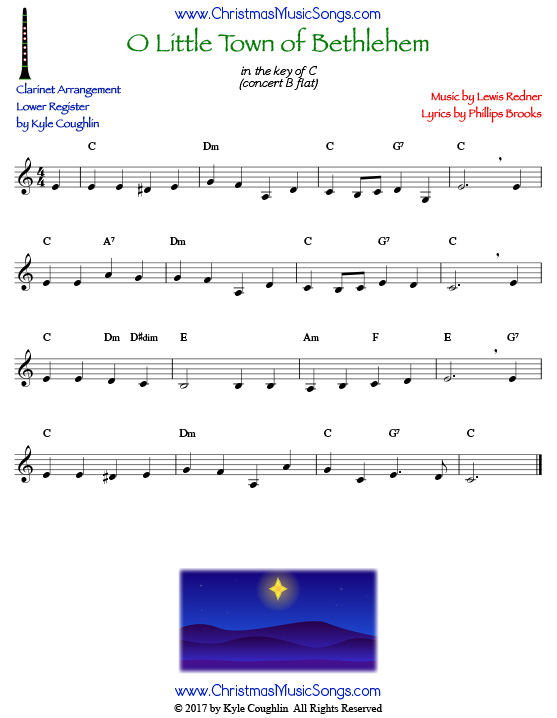 O Little Town of Bethlehem clarinet sheet music in the lower register, arranged to play along with other wind and brass instruments.