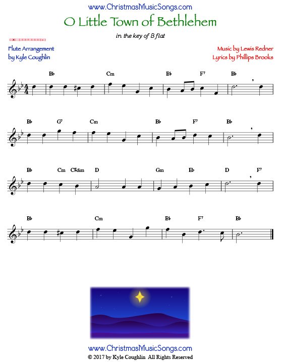 O Little Town of Bethlehem flute sheet music, arranged to play along with other wind and brass instruments.