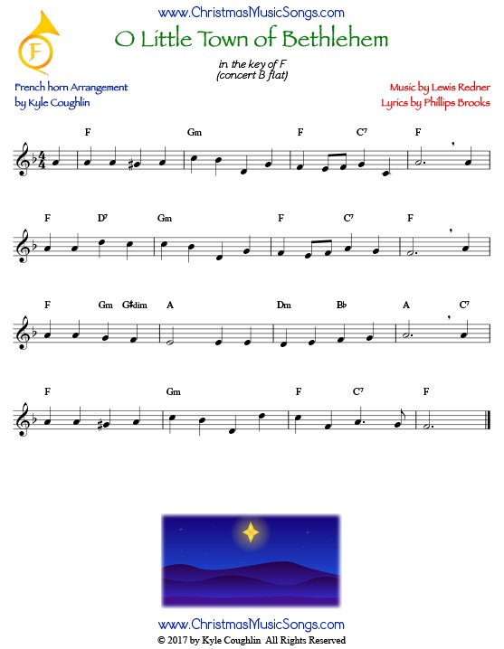 O Little Town of Bethlehem French horn sheet music, arranged to play along with other wind and brass instruments.