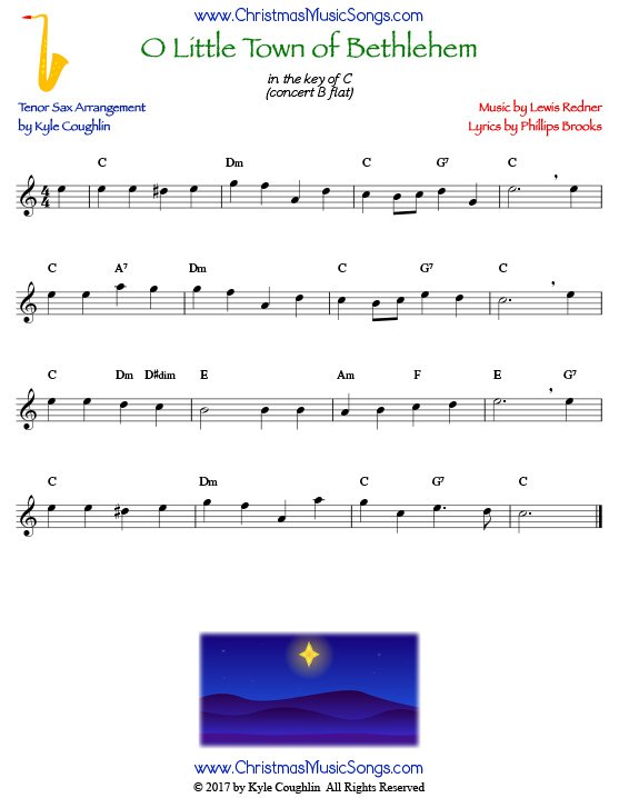 O Little Town of Bethlehem tenor saxophone sheet music, arranged to play along with other wind and brass instruments.